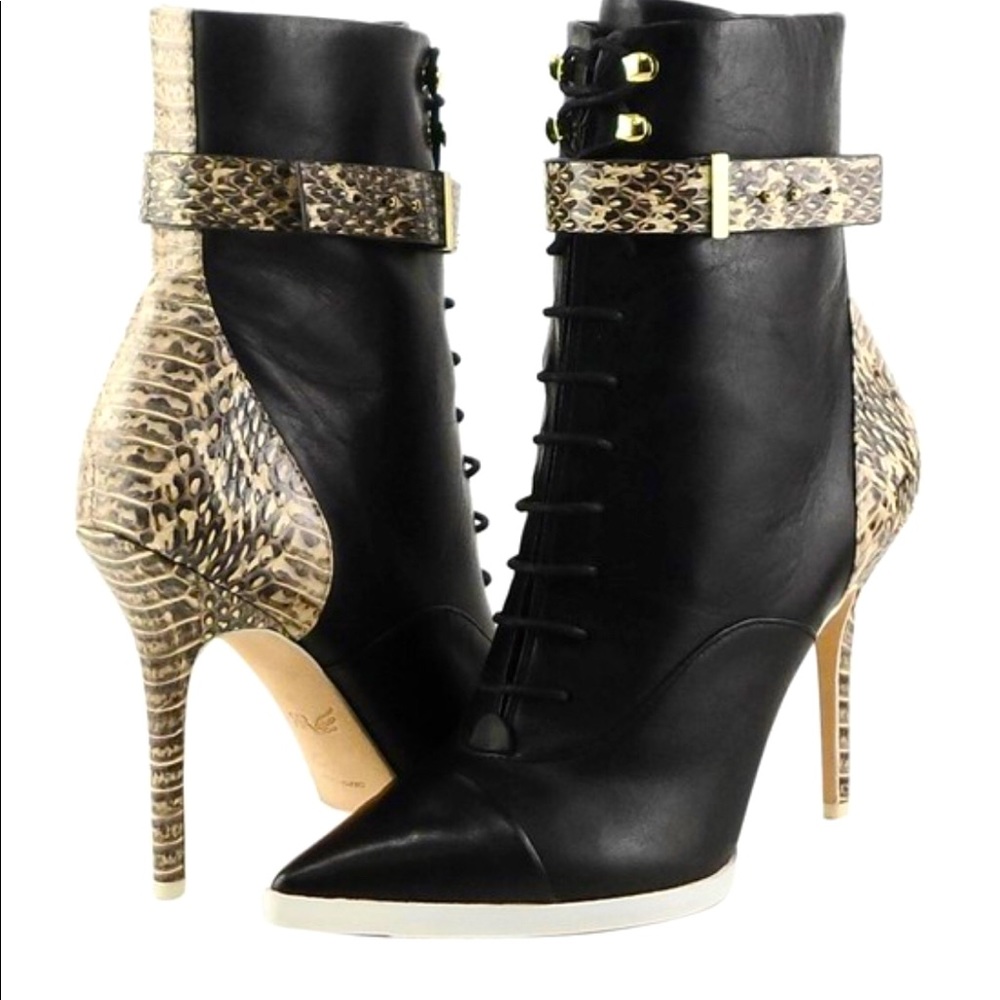 Rachel Roy black snake skin booties